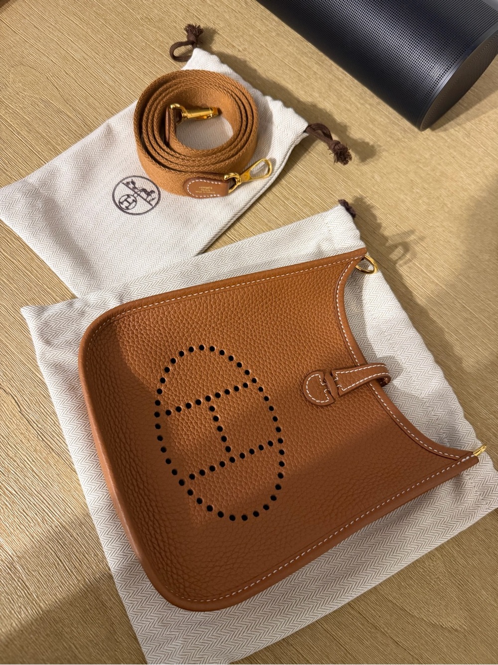 Hermes gold Perforated Evelyne Crossbody Bag with Gold Hardware
